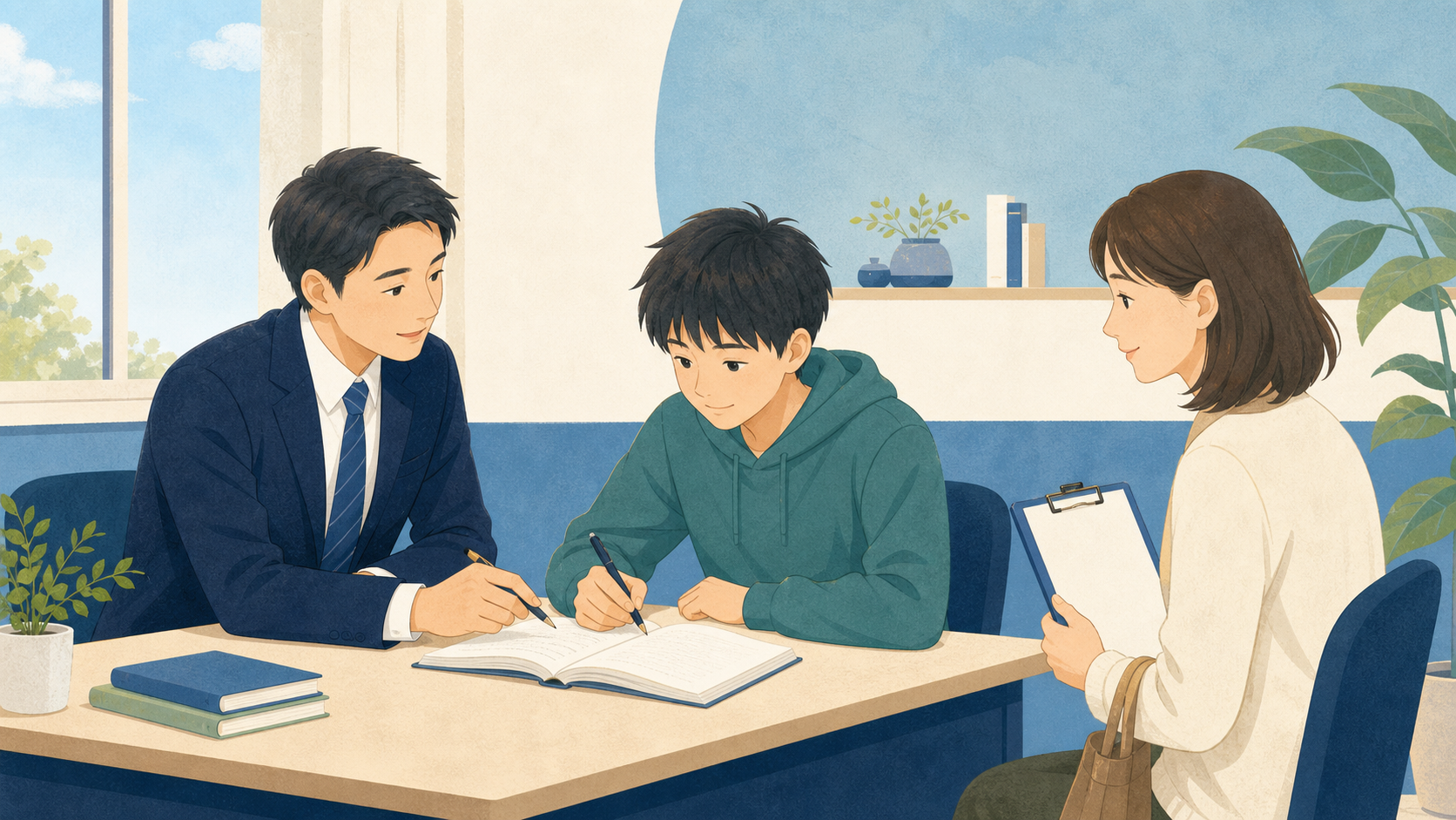 個別指導塾の無料体験を見学する保護者と中学生のイラスト