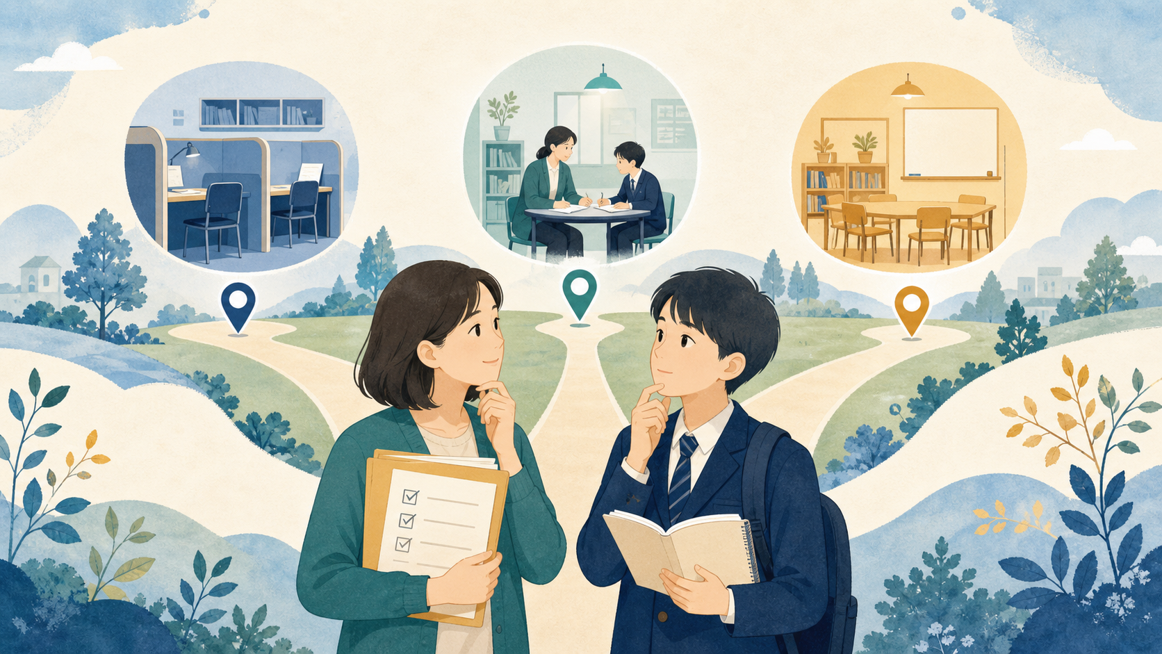 複数の個別指導塾を比較して選ぶ保護者と中学生のイラスト