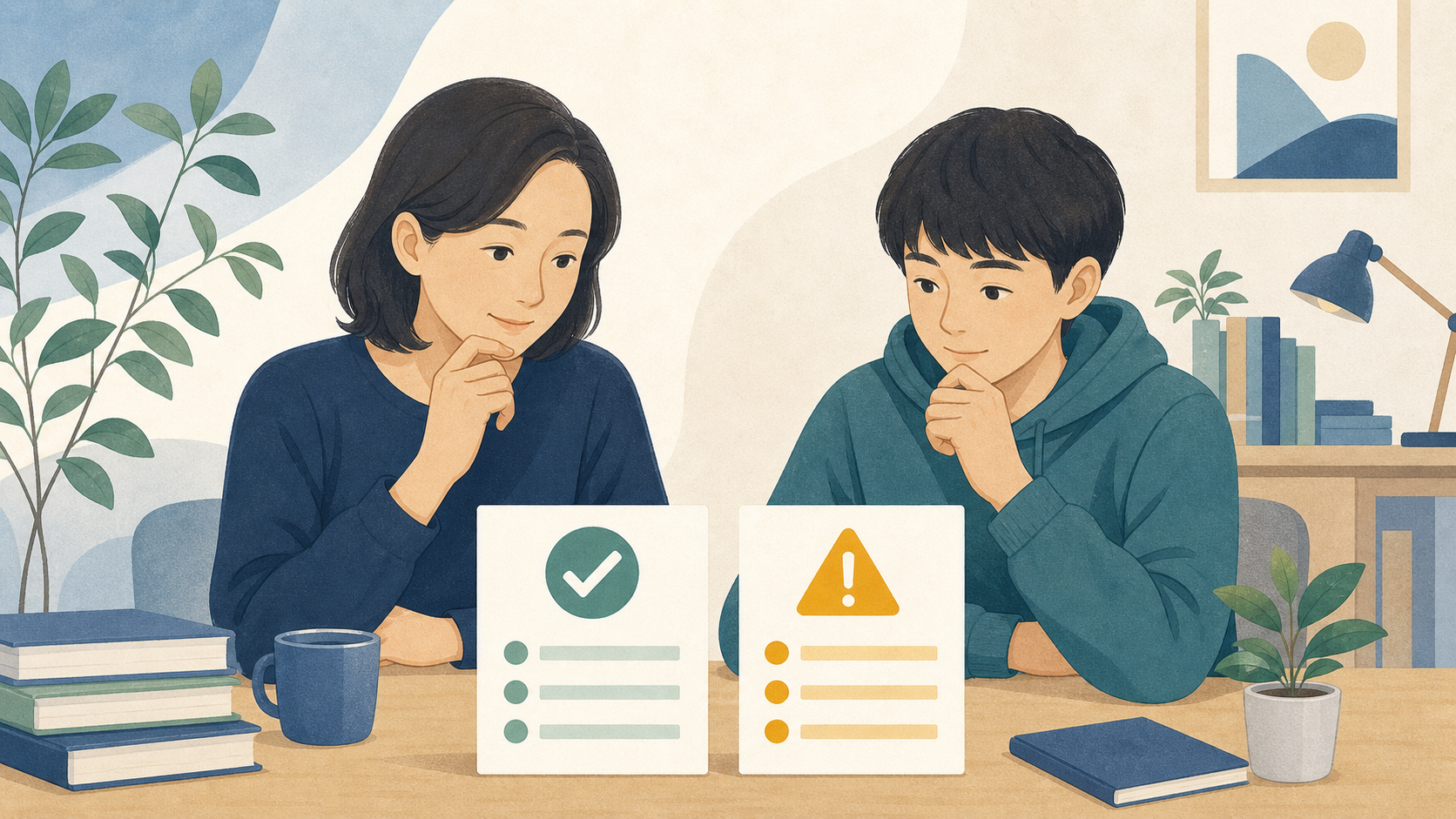 個別指導塾の良い点と注意点を比較する保護者と中学生のイラスト