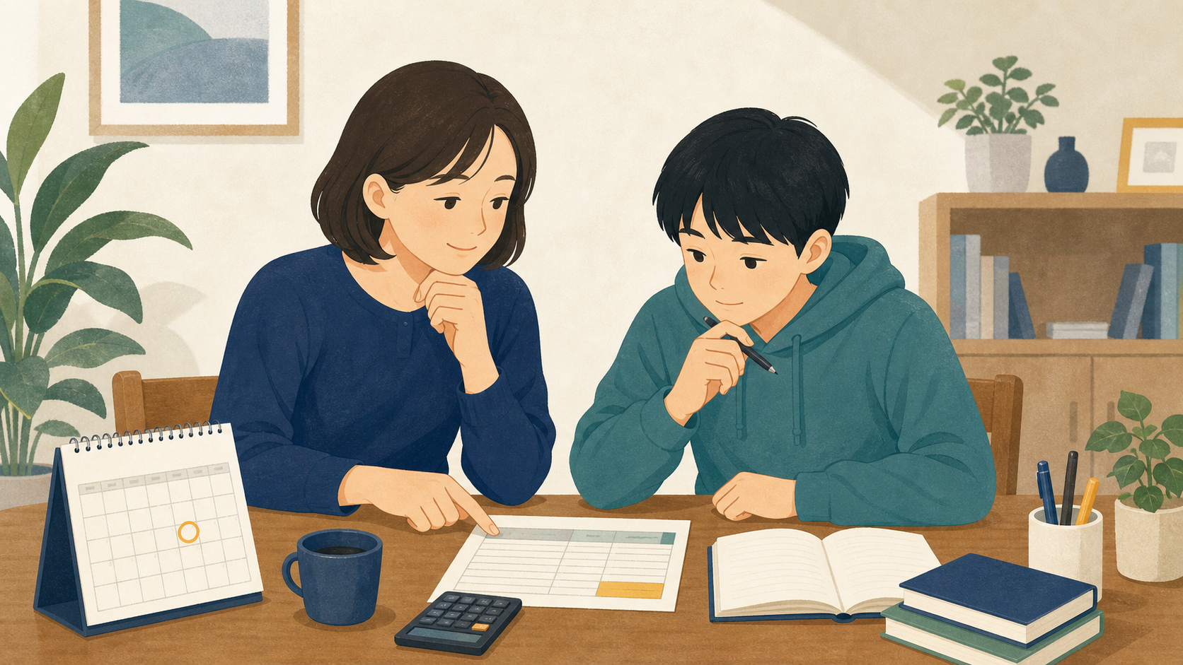 スクールIEの料金見積もりを確認する保護者と中学生のイラスト